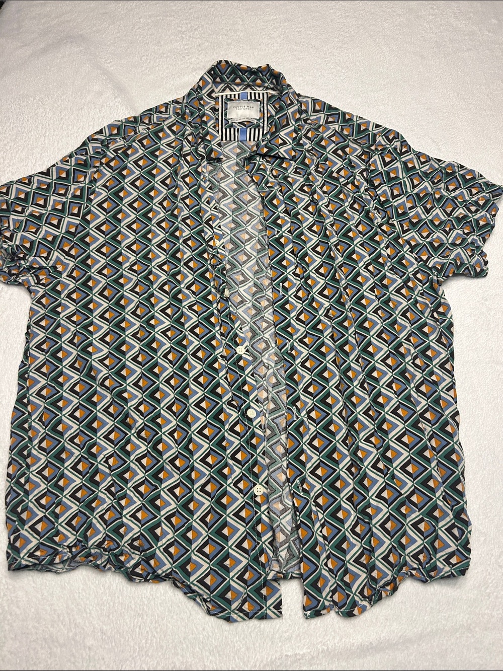 Cactus Man Geometric Print Short-Sleeve Button-Up Shirt - Blue/Green/Tan size XL